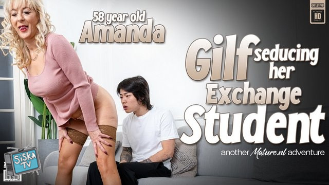 Amanda is a 58 year old GILF seducing and fucking her Japanese exchange student on the couch
